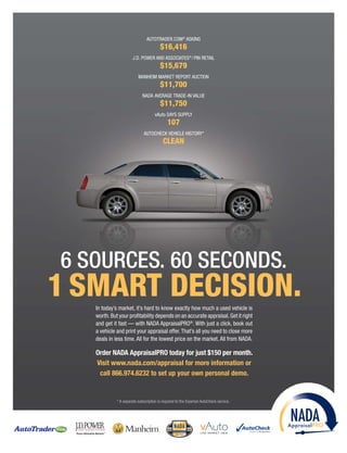 AutotrAder.com®
Asking
$16,416
J.d. Power And AssociAtes®
/Pin retAil
$15,679
mAnheim mArket rePort Auction
$11,700
nAdA AverAge trAde-in vAlue
$11,750
vAuto dAys suPPly
107
Autocheck vehicle history*
CLEAN
6 SourceS. 60 SecondS.
1 smArt dECisioN.in today’s market, it’s hard to know exactly how much a used vehicle is
worth.But your profitability depends on an accurate appraisal.get it right
and get it fast — with nAdA AppraisalPro®
. with just a click, book out
a vehicle and print your appraisal offer.that’s all you need to close more
deals in less time. All for the lowest price on the market. All from nAdA.
Order NADA AppraisalPRO today for just $150 per month.
Visit www.nada.com/appraisal for more information or
call 866.974.6232 to set up your own personal demo.
SM
* A separate subscription is required to the experian Autocheck service.
 