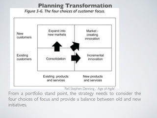 From a portfolio stand point, the strategy needs to consider the
four choices of focus and provide a balance between old and new
initiatives.
Ref: Stephen Denning ,‘ Age of Agile’
Planning Transformation
 