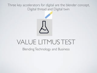 VALUE LITMUSTEST
BlendingTechnology and Business
Three key accelerators for digital are the blender concept,
Digital thread and Digital twin
 