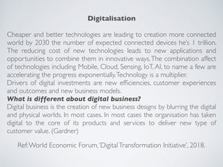 Digitalisation
Cheaper and better technologies are leading to creation more connected
world by 2030 the number of expected connected devices he’s 1 trillion.
The reducing cost of new technologies leads to new applications and
opportunities to combine them in innovative ways.The combination affect
of technologies including Mobile, Cloud, Sensing, IoT, AI, to name a few are
accelerating the progress exponentially.Technology is a multiplier.
Drivers of digital investments are new efﬁciencies, customer experiences
and outcomes and new business models.
What is different about digital business?
Digital business is the creation of new business designs by blurring the digital
and physical worlds. In most cases. In most cases the organisation has taken
digital to the core of its products and services to deliver new type of
customer value. (Gardner)
Ref:World Economic Forum,‘DigitalTransformation Initiative’, 2018.
 