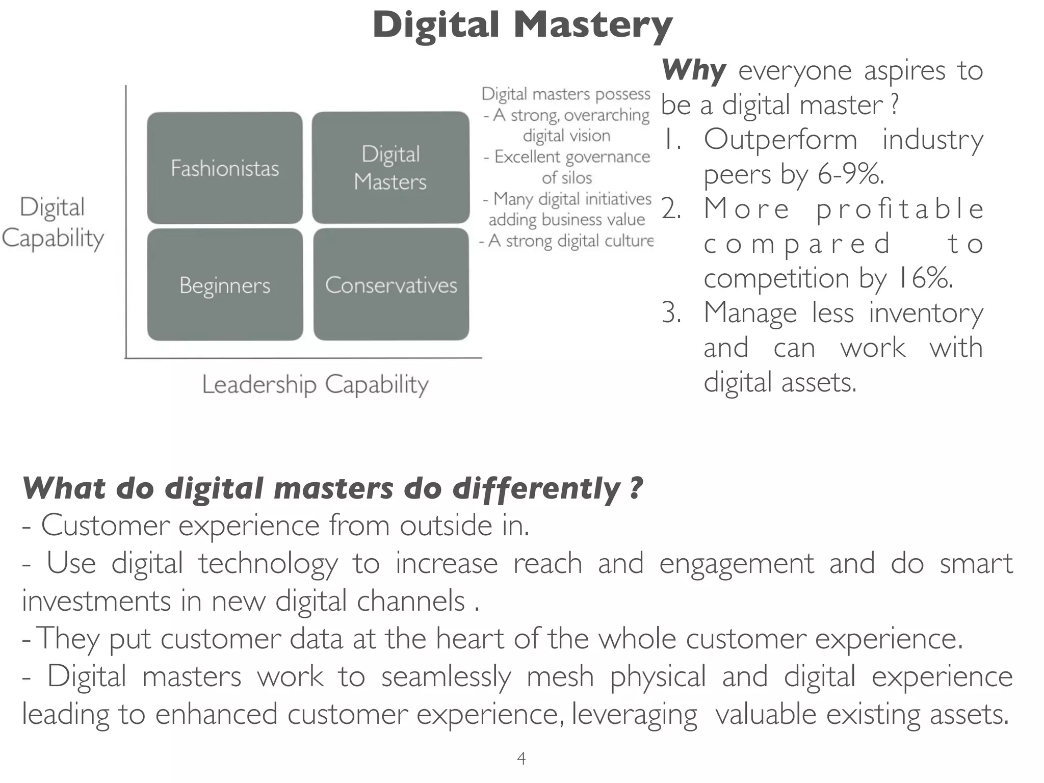 Why everyone aspires to
be a digital master ?
1. Outperform industry
peers by 6-9%.
2. M o r e p r o ﬁ t a b l e
c o m p a r e d t o
competition by 16%.
3. Manage less inventory
and can work with
digital assets.
What do digital masters do differently ?
- Customer experience from outside in.
- Use digital technology to increase reach and engagement and do smart
investments in new digital channels .
-They put customer data at the heart of the whole customer experience.
- Digital masters work to seamlessly mesh physical and digital experience
leading to enhanced customer experience, leveraging valuable existing assets.
Digital Mastery
4
 