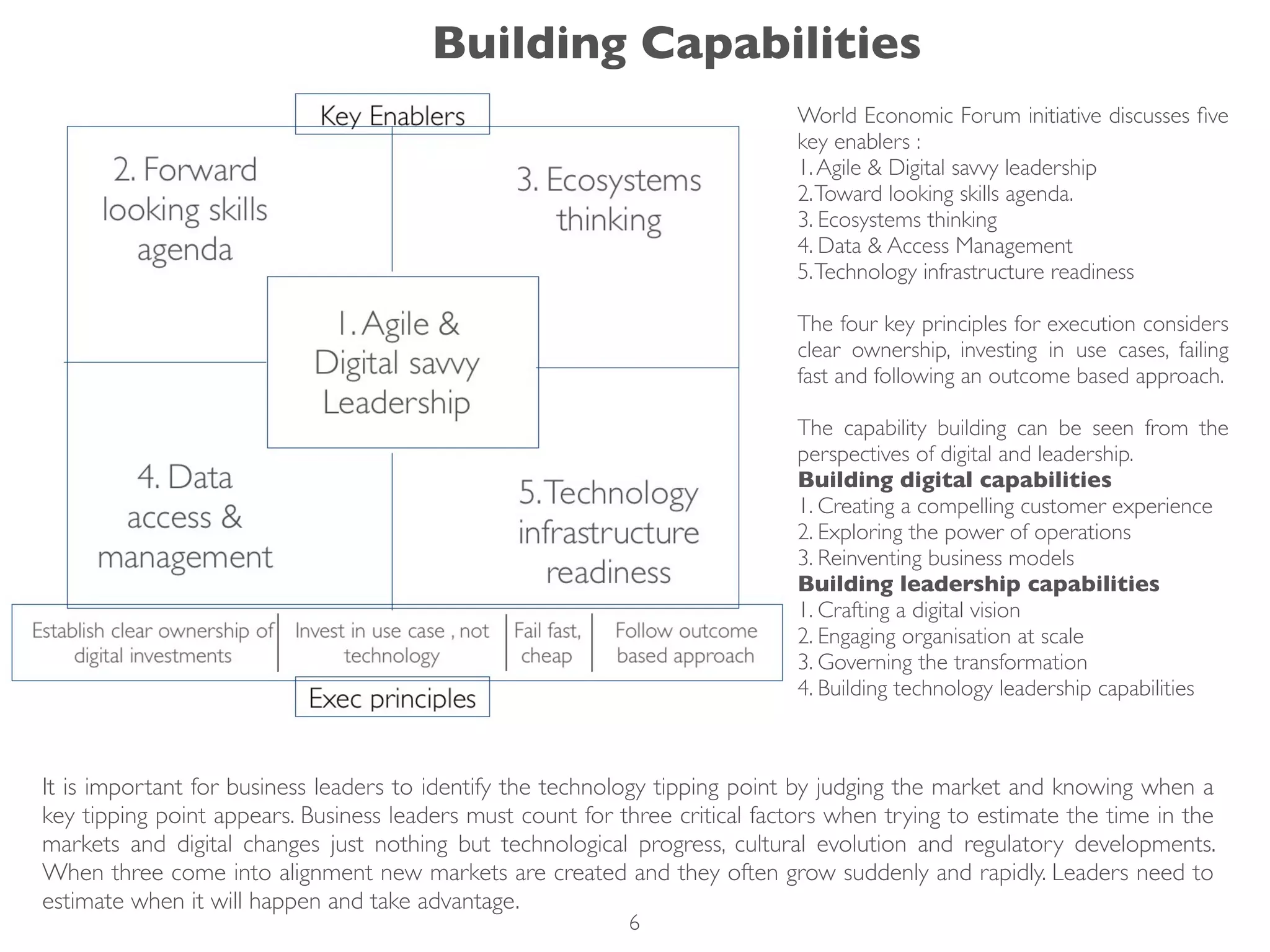 World Economic Forum initiative discusses ﬁve
key enablers :
1.Agile & Digital savvy leadership
2.Toward looking skills agenda.
3. Ecosystems thinking
4. Data & Access Management
5.Technology infrastructure readiness
The four key principles for execution considers
clear ownership, investing in use cases, failing
fast and following an outcome based approach.
The capability building can be seen from the
perspectives of digital and leadership.
Building digital capabilities
1. Creating a compelling customer experience
2. Exploring the power of operations
3. Reinventing business models
Building leadership capabilities
1. Crafting a digital vision
2. Engaging organisation at scale
3. Governing the transformation
4. Building technology leadership capabilities
It is important for business leaders to identify the technology tipping point by judging the market and knowing when a
key tipping point appears. Business leaders must count for three critical factors when trying to estimate the time in the
markets and digital changes just nothing but technological progress, cultural evolution and regulatory developments.
When three come into alignment new markets are created and they often grow suddenly and rapidly. Leaders need to
estimate when it will happen and take advantage.
Building Capabilities
6
 
