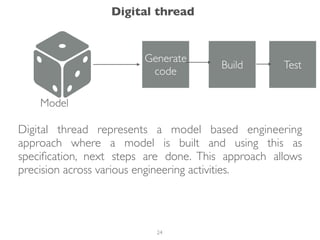 Digital thread represents a model based engineering
approach where a model is built and using this as
speciﬁcation, next steps are done. This approach allows
precision across various engineering activities.
Digital thread
Model
Generate
code
Build Test
24
 