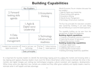 World Economic Forum initiative discusses ﬁve
key enablers :
1.Agile & Digital savvy leadership
2.Toward looking skills agenda.
3. Ecosystems thinking
4. Data & Access Management
5.Technology infrastructure readiness
The four key principles for execution considers
clear ownership, investing in use cases, failing
fast and following an outcome based approach.
The capability building can be seen from the
perspectives of digital and leadership.
Building digital capabilities
1. Creating a compelling customer experience
2. Exploring the power of operations
3. Reinventing business models
Building leadership capabilities
1. Crafting a digital vision
2. Engaging organisation at scale
3. Governing the transformation
4. Building technology leadership capabilities
It is important for business leaders to identify the technology tipping point by judging the market and knowing when a
key tipping point appears. Business leaders must count for three critical factors when trying to estimate the time in the
markets and digital changes just nothing but technological progress, cultural evolution and regulatory developments.
When three come into alignment new markets are created and they often grow suddenly and rapidly. Leaders need to
estimate when it will happen and take advantage.
Building Capabilities
6
 