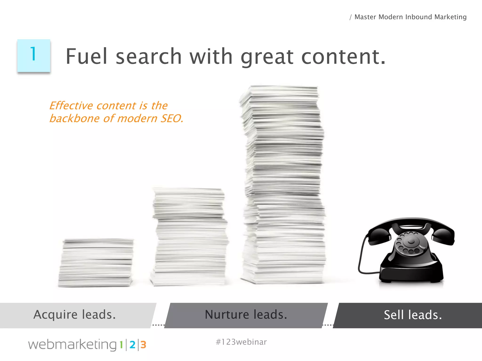 #123webinar
Acquire leads. Nurture leads. Sell leads..
1 Fuel search with great content.
Effective content is the
backbone of modern SEO.
/ Master Modern Inbound Marketing
 