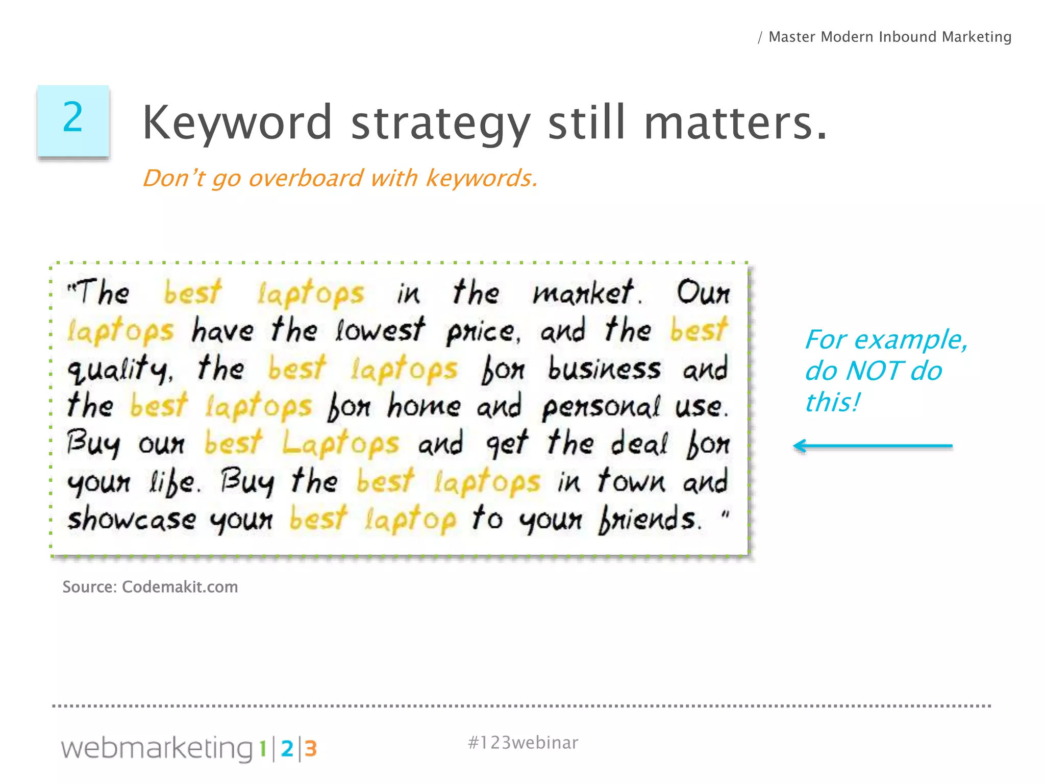 #123webinar
For example,
do NOT do
this!
Source: Codemakit.com
2 Keyword strategy still matters.
Don’t go overboard with keywords.
/ Master Modern Inbound Marketing
 