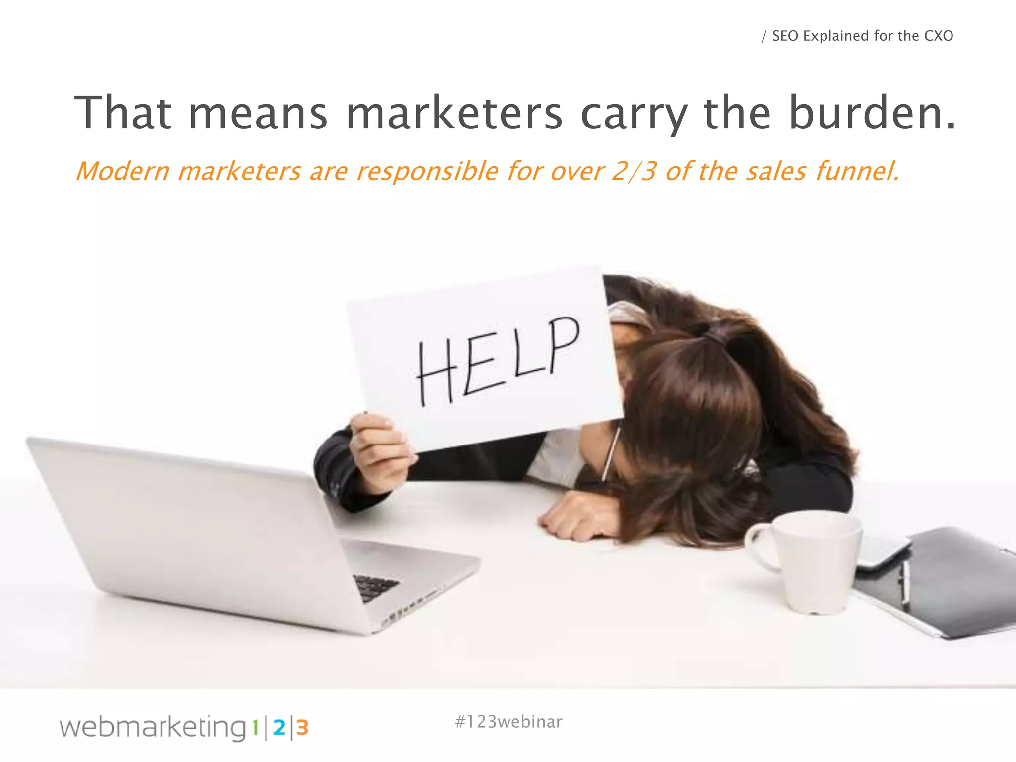 #123webinar
/ SEO Explained for the CXO
That means marketers carry the burden.
Modern marketers are responsible for over 2/3 of the sales funnel.
 