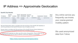 IP Address => Approximate Geolocation
Any online service you
frequently use knows
your coarse-grained
mobility pattern
We used anonymized
data from Yahoo
https://www.maxmind.com/en/geoip-demo
 