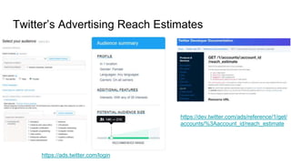 Twitter’s Advertising Reach Estimates
https://dev.twitter.com/ads/reference/1/get/
accounts/%3Aaccount_id/reach_estimate
https://ads.twitter.com/login
 
