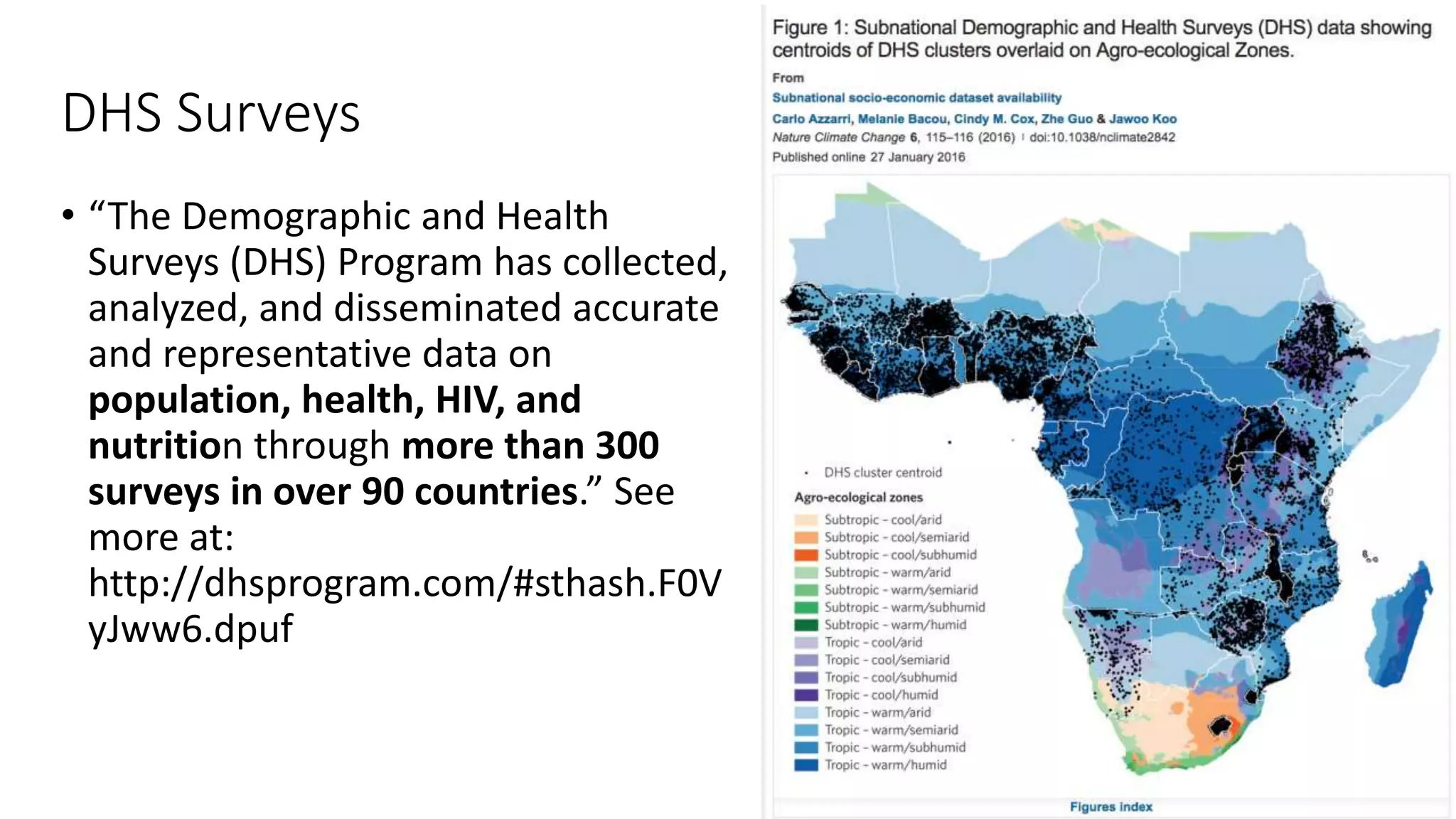 DHS Surveys
• “The Demographic and Health
Surveys (DHS) Program has collected,
analyzed, and disseminated accurate
and representative data on
population, health, HIV, and
nutrition through more than 300
surveys in over 90 countries.” See
more at:
http://dhsprogram.com/#sthash.F0V
yJww6.dpuf
 