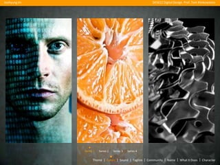 Joohyung Jin                                               DES622 Digital Design Prof. Tom Klinkowstein




               Series 1   Series 2   Series 3   Series 4

                     Theme | Colors | Sound | Tagline | Community | Name | What it Does | Character
 