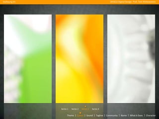 Joohyung Jin                                               DES622 Digital Design Prof. Tom Klinkowstein




               Series 1   Series 2   Series 3   Series 4

                     Theme | Colors | Sound | Tagline | Community | Name | What it Does | Character
 