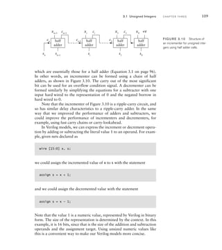 half
adder
xi
si
ci
ci+1 half
adder
x0
s0
c1
half
adder
x1
s1
c2
half
adder
xn–1
sn–1
sn
cn–1
cn
+V
FIG U R E 3.10 Structure of
an incrementer for unsigned inte-
gers using half adder cells.
3.1 Unsigned Integers C H A P T E R T H R E E 109
which are essentially those for a half adder (Equation 3.1 on page 96).
In other words, an incrementer can be formed using a chain of half
adders, as shown in Figure 3.10. The carry out of the most significant
bit can be used for an overflow condition signal. A decrementer can be
formed similarly by simplifying the equations for a subtracter with one
input hard wired to the representation of 0 and the negated borrow in
hard wired to 0.
Note that the incrementer of Figure 3.10 is a ripple-carry circuit, and
so has similar delay characteristics to a ripple-carry adder. In the same
way that we improved the performance of adders and subtracters, we
could improve the performance of incrementers and decrementers, for
example, using fast carry chains or carry-lookahead.
In Verilog models, we can express the increment or decrement opera-
tion by adding or subtracting the literal value 1 to an operand. For exam-
ple, given nets declared as
wire [15:0] x, s;
we could assign the incremented value of x to s with the statement
assign s = x + 1;
and we could assign the decremented value with the statement
assign s = x – 1;
Note that the value 1 is a numeric value, represented by Verilog in binary
form. The size of the representation is determined by the context. In this
example, it is 16 bits, since that is the size of the addition and subtraction
operands and the assignment target. Using unsized numeric values like
this is a convenient way to make our Verilog models more concise.
 