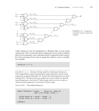result, which can also be interpreted as a Boolean false or true result,
respectively. This is convenient if the comparison occurs in the condition
part of an if statement, since a Boolean result is expected in that context.
It is also convenient if we want to assign the result to a net or variable,
for example:
assign gt = x  y;
example 3.12 Develop a Verilog model for a thermostat that has two
8-bit unsigned binary inputs representing the target temperature and the actual
temperature in degrees Fahrenheit (˚F). Assume that both temperatures are above
freezing (32˚F). The detector has two outputs: one to turn a heater on when the
actual temperature is more than 5˚F below target, and one to turn a cooler on
when the actual temperature is more than 5˚F above target.
solution The module definition is
module thermostat ( output heater_on, cooler_on,
input [7:0] target, actual );
assign heater_on = actual  target – 5;
assign cooler_on = actual  target + 5;
endmodule
xn–1
gt
xn–1
 yn–1
xn–1
= yn–1
xn–2
 yn–2
xn–2
= yn–2
yn–1
xn–2
yn–2
x1
 y1
x1…0
 y1…0
xn–2…0
 yn–2…0
x1
= y1
x1
y1
x0
 y0
x0
y0
…
…
…
FIG U R E 3.12 A magnitude
comparator to test for greater than
inequality.
3.1 Unsigned Integers C H A P T E R T H R E E 111
 