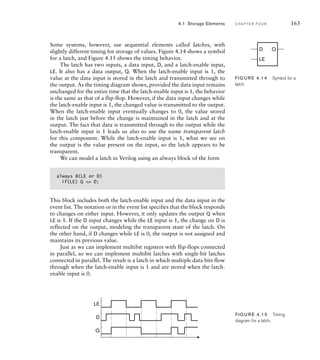 Some systems, however, use sequential elements called latches, with
slightly different timing for storage of values. Figure 4.14 shows a symbol
for a latch, and Figure 4.15 shows the timing behavior.
The latch has two inputs, a data input, D, and a latch-enable input,
LE. It also has a data output, Q. When the latch-enable input is 1, the
value at the data input is stored in the latch and transmitted through to
the output. As the timing diagram shows, provided the data input remains
unchanged for the entire time that the latch-enable input is 1, the behavior
is the same as that of a flip-flop. However, if the data input changes while
the latch-enable input is 1, the changed value is transmitted to the output.
When the latch-enable input eventually changes to 0, the value stored
in the latch just before the change is maintained in the latch and at the
output. The fact that data is transmitted through to the output while the
latch-enable input is 1 leads us also to use the name transparent latch
for this component. While the latch-enable input is 1, what we see on
the output is the value present on the input, so the latch appears to be
transparent.
We can model a latch in Verilog using an always block of the form
always @(LE or D)
if(LE) Q = D;
This block includes both the latch-enable input and the data input in the
event list. The notation or in the event list specifies that the block responds
to changes on either input. However, it only updates the output Q when
LE is 1. If the D input changes while the LE input is 1, the change on D is
reflected on the output, modeling the transparent state of the latch. On
the other hand, if D changes while LE is 0, the output is not assigned and
maintains its previous value.
Just as we can implement multibit registers with flip-flops connected
in parallel, so we can implement multibit latches with single-bit latches
connected in parallel. The result is a latch in which multiple data bits flow
through when the latch-enable input is 1 and are stored when the latch-
enable input is 0.
4.1 Storage Elements C H A P T E R F O U R 163
FIG U R E 4.14 Symbol for a
latch.
D Q
LE
D
LE
Q
FIG U R E 4.15 Timing
diagram for a latch.
 