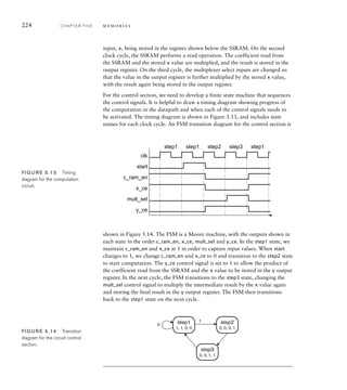 224 C H A P T E R F I V E m e m o r i e s
input, x, being stored in the register shown below the SSRAM. On the second
clock cycle, the SSRAM performs a read operation. The coefficient read from
the SSRAM and the stored x value are multiplied, and the result is stored in the
output register. On the third cycle, the multiplexer select inputs are changed so
that the value in the output register is further multiplied by the stored x value,
with the result again being stored in the output register.
For the control section, we need to develop a finite state machine that sequences
the control signals. It is helpful to draw a timing diagram showing progress of
the computation in the datapath and when each of the control signals needs to
be activated. The timing diagram is shown in Figure 5.13, and includes state
names for each clock cycle. An FSM transition diagram for the control section is
shown in Figure 5.14. The FSM is a Moore machine, with the outputs shown in
each state in the order c_ram_en, x_ce, mult_sel and y_ce. In the step1 state, we
maintain c_ram_en and x_ce at 1 in order to capture input values. When start
changes to 1, we change c_ram_en and x_ce to 0 and transition to the step2 state
to start computation. The y_ce control signal is set to 1 to allow the product of
the coefficient read from the SSRAM and the x value to be stored in the y output
register. In the next cycle, the FSM transitions to the step3 state, changing the
mult_sel control signal to multiply the intermediate result by the x value again
and storing the final result in the y output register. The FSM then transitions
back to the step1 state on the next cycle.
y_ce
c_ram_en
start
clk
step1 step1 step2 step3 step1
x_ce
mult_sel
FIG U R E 5.13 Timing
diagram for the computation
circuit.
step1
1, 1, 0, 0
0
1 step2
0, 0, 0, 1
step3
0, 0, 1, 1
FIG U R E 5.14 Transition
diagram for the circuit control
section.
 