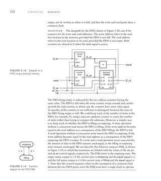 232 C H A P T E R F I V E m e m o r i e s
empty, nor be written to when it is full, and that the write and read ports share a
common clock.
solution The datapath for the FIFO, shown in Figure 5.18, uses 8-bit
counters for the write and read addresses. The write address refers to the next
free location in the memory, provided the FIFO is not full. The read address
refers to the next location to be read, provided the FIFO is not empty. Both
counters are cleared to 0 when the reset signal is active.
D_wr
A_wr A_rd
dual-port
SSRAM
wr_en
D_rd
rd_en
counter
8-bit
ce
reset
Q
counter
8-bit
ce
reset
Q
= equal
A_rd
A_wr
D_rd
clk
wr_en
D_wr
reset
rd_en
clk
clk
clk clk
FIG U R E 5.18 Datapath for a
FIFO using a dual-port memory.
The FIFO being empty is indicated by the two address counters having the
same value. The FIFO is full when the write counter wraps around and catches
up with the read counter, in which case the counters have same value again.
So equality of the counters is not sufficient to distinguish between the cases of
the FIFO being empty or full. We could keep track of the number of items in the
FIFO, for example, by using a separate up/down counter to count the number
of items rather than trying to compare the addresses. However, a simpler way
is to keep track of whether the FIFO is filling or emptying. A write operation
without a concurrent read means the FIFO is filling. If the write address becomes
equal to the read address as a consequence of the FIFO filling, the FIFO is full.
A read operation without a concurrent write means the FIFO is emptying. If the
write address becomes equal to the read address as a consequence of the FIFO
emptying, the FIFO is empty. If a write and a read operation occur concurrently,
the amount of data in the FIFO remains unchanged, so the filling or emptying
state remains unchanged. We can describe this behavior using an FSM, as shown
in Figure 5.19, in which the transitions are labeled with the values of the wr_en
and rd_en control signals, respectively. The FSM starts in the emptying state. The
empty status output is 1 if the current state is emptying and the equal signal is 1,
and the full status output is 1 if the current state is filling and the equal signal is
1. Note that this control sequence relies on the assumption of a common clock
between the two FIFO ports, since the FSM must have a single clock to operate.
emptying
filling
1, 0 0, 1
FIG U R E 5.19 Transition
diagram for the FIFO FSM.
 