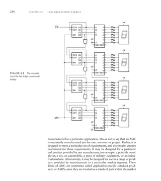 256 C H A P T E R S I X i m p l e m e n t a t i o n fa b r i c s
manufactured for a particular application. This is not to say that an ASIC
is necessarily manufactured just for one customer or project. Rather, it is
designed to meet a particular set of requirements, and so contains circuits
customized for those requirements. It may be designed for a particular
end product provided by one manufacturer, for example, a portable music
player, a toy, an automobile, a piece of military equipment, or an indus-
trial machine. Alternatively, it may be designed for use in a range of prod-
ucts provided by manufacturers in a particular market segment. These
kinds of ASIC are sometimes called application-specific standard prod-
ucts, or ASSPs, since they are treated as a standard part within the market
MR
Q0
Q1
Q2
Q3
CP0
CP1
MR
Q0
Q1
Q2
Q3
CP0
CP1
A
B
C
D
LT
RBI
a
b
c
d
RBO
e
f
g
A
B
C
D
LT
RBI
a
b
c
d
RBO
e
f
g
MR
Q0
Q1
Q2
Q3
CP0
CP1
A
B
C
D
LT
RBI
a
b
c
d
RBO
e
f
g
MR
Q0
Q1
Q2
Q3
CP0
CP1
A
B
C
D
LT
RBI
a
b
c
d
RBO
e
f
g
CP
MR
+V
+V
+V
+V
+V
+V
+V
+V
FIGURE 6.8 The complete
circuit for the 4-digit counter with
display.
 