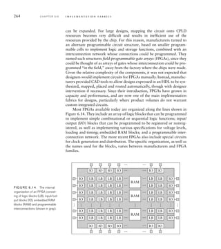 264 C H A P T E R S I X i m p l e m e n t a t i o n fa b r i c s
can be expanded. For large designs, mapping the circuit onto CPLD
resources becomes very difficult and results in inefficient use of the
resources provided by the chip. For this reason, manufacturers turned to
an alternate programmable circuit structure, based on smaller program-
mable cells to implement logic and storage functions, combined with an
interconnection network whose connections could be programmed. They
named such structures field-programmable gate arrays (FPGAs), since they
could be thought of as arrays of gates whose interconnection could be pro-
grammed “in the field,” away from the factory where the chips were made.
Given the relative complexity of the components, it was not expected that
designers would implement circuits for FPGAs manually. Instead, manufac-
turers provided CAD tools to allow designs expressed in an HDL to be syn-
thesized, mapped, placed and routed automatically, though with designer
intervention if necessary. Since their introduction, FPGAs have grown in
capacity and performance, and are now one of the main implementation
fabrics for designs, particularly where product volumes do not warrant
custom integrated circuits.
Most FPGAs available today are organized along the lines shown in
Figure 6.14. They include an array of logic blocks that can be programmed
to implement simple combinational or sequential logic functions; input/
output (I/O) blocks that can be programmed to be registered or nonreg-
istered, as well as implementing various specifications for voltage levels,
loading and timing; embedded RAM blocks; and a programmable inter-
connection network. The more recent FPGAs also include special circuits
for clock generation and distribution. The specific organization, as well as
the names used for the blocks, varies between manufacturers and FPGA
families.
LB
RAM
RAM
RAM
LB LB LB
LB LB LB LB
LB LB LB LB
LB LB LB LB
LB LB LB LB
LB LB LB LB
LB LB
LB LB
LB LB
LB LB
LB LB
LB LB
…
…
…
…
…
…
…
…
…
…
…
IO
IO
IO
IO
IO
IO
IO
IO
IO
IO
IO
IO
IO IO IO IO IO IO
IO IO IO IO IO IO
…
…
…
…
…
…
…
…
… …
… …
… …
…
…
… …
…
…
FIG U R E 6.14 The internal
organization of an FPGA consist-
ing of logic blocks (LB), input/out-
put blocks (IO), embedded RAM
blocks (RAM) and programmable
interconnections (shown in gray).
 