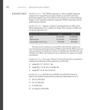 280 C H A P T E R S I X i m p l e m e n t a t i o n fa b r i c s
exercise 6.1 The 74LS85 component is a 4-bit cascadable magnitude
comparator for unsigned binary integers. Details are provided in the Texas
Instruments Digital Logic Pocket Data Book (see Section 6.6, Further Reading).
Design a 16-bit magnitude comparator using four 74LS85 components and any
additional gates required.
exercise 6.2 Suppose a company is deciding between an ASIC and an
FPGA implementation for a complex new design. Their estimates of NRE costs
for the two alternatives are:
E X E R C I S E S
E X E R C I S E S
The unit cost for manufacture of each ASIC will be $15.00, and the unit
cost of purchasing and programming each FPGA will be $25.00. Which option is
more cost-effective for production volumes of 100,000 units; 200,000 units; and
500,000 units? What is the production cost at which the two options are equally
cost-effective?
exercise 6.3 On a copy of Figure 6.9, draw the fuses that are required to
implement the following Verilog assignments in a PAL16L8:
a) assign O8 = I1 ? ~I9 | I10 : 1'bz;
b) assign IO2 = ~(I1  ~I2) | (~I1  I3 ~I8);
c) assign IO7 = (I1  ~I2) | (~I3  I10);
exercise 6.4 Describe how an OLMC of a GAL22V10, shown in
Figure 6.12, should be programmed to emulate the input/output circuit of:
a) IO2 of a PAL16L8
b) O1 of a PAL16L8
c) I1 of PAL16L8
d) an output of a PAL16R8
nr e c o st c omponent asic fpga
Staff $2,500,000 $2,000,000
Infrastructure $1,500,000 $1,000,000
Consumables and Services $750,000 $100,000
 