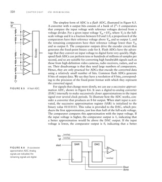 320 C H A P T E R E I G H T i / o i n t e r fa c i n g
The simplest form of ADC is a flash ADC, illustrated in Figure 8.5.
A converter with n output bits consists of a bank of 2n
–1 comparators
that compare the input voltage with reference voltages derived from a
voltage divider. For a given input voltage Vin kVf, where Vf is the full-
scale voltage and k is a fraction between 0.0 and 1.0, a proportion k of the
comparators have their reference voltage above Vin and so output 1, and
the remaining comparators have their reference voltage lower than Vin
and so output 0. The comparator outputs drive the encoder circuit that
generates the fixed-point binary code for k. Flash ADCs have the advan-
tage that they convert an input voltage to digital form very quickly. High-
speed flash ADCs can perform tens or hundreds of millions of samples per
second, and so are suitable for converting high bandwidth signals such as
those from high-definition video cameras, radio receivers, radars, and so
on. Their disadvantage is that they need large numbers of comparators.
Hence, they are only practical for ADCs that encode the converted data
using a relatively small number of bits. Common flash ADCs generate
8 bits of output data. We say they have a resolution of 8 bits, correspond-
ing to the precision of the fixed-point format with which they represent
the converted signal.
For signals that change more slowly, we can use a successive approxi-
mation ADC, shown in Figure 8.6. It uses a digital-to-analog converter
(DAC) internally to make successively closer approximations to the input
signal over several clock periods. To illustrate how the ADC works, con-
sider a converter that produces an 8-bit output. When start input is acti-
vated, the successive approximation register (SAR) is initialized to the
binary value 01111111. This value is provided to the DAC, which pro-
duces the first approximation, just less than half of the full-scale voltage.
The comparator compares this approximation with the input voltage. If
the input voltage is higher, the comparator output is 1, indicating that
a better approximation would be above the DAC output. If the input
voltage is lower, the comparator output is 0, indicating that a better
+
–
+
–
+
–
+
–
+
–
Vin
Vf
Encoder
FIG U R E 8.5 A ﬂash ADC.
+
–
DAC
SAR
Dout
done
Vin
Vf
start
clk
(analog)
(analog)
(analog)
FIG U R E 8.6 A successive
approximation ADC. Analog
signals are indicated; the
remaining signals are digital.
 