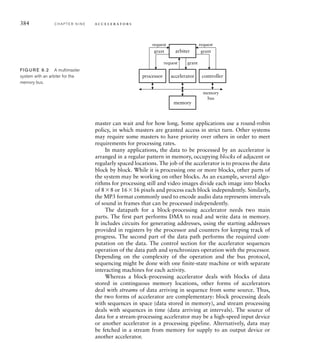 ft(1f)t

ft

s (1f )t
 1

f

s (1f)
This formula expresses Amdahl’s Law, named after Gene Amdahl, one
of the pioneers of parallel computing. It indicates that the overall effect
of speeding up a kernel depends strongly on the fraction of the original
time taken up in executing the kernel. If that fraction is small, even a large
speedup has little overall effect, since the nonaccelerated part dominates.
On the other hand, if the fraction is large, accelerating the kernel has sig-
nificant overall effect.
example 9.1 Suppose execution time is estimated for the various parts
of an algorithm on an embedded processor. The algorithm has two kernels, one
that consumes 80% of the execution time and another that consumes 15%.
Using a hardware accelerator, we could speed up execution of the ﬁrst kernel by
a factor of 10 or the second kernel by a factor of 100. Which accelerator gives
the best overall performance improvement?
9.1 General Concepts C H A P T E R N I N E 381
 