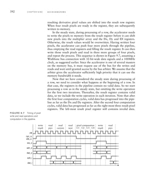 can then sum the two groups of six partial products in parallel, then compute the
two absolute values in parallel, before summing them to produce the derivative
pixel value.
The top-level view of the video system including the edge-detection
accelerator is shown in Figure 9.5. Video input comes from an I/O control-
ler for a video camera, which stores successive video frames in memory.
Software on the processor directs the accelerator to operate on a given
frame to produce the corresponding derivative image.
example 9.6 Suppose the memory in which the original and derivative images
are stored is 32 bits wide, and that each 8-bit byte is individually addressed. Video
frames are stored with one byte per pixel. The pixels of a row in a frame are stored
from left to right at successive addresses, and rows are stored top to bottom, one after
another in memory. Each memory read or write access takes 20ns, consisting of two
cycles of a 100MHz system clock. Can the memory access data fast enough?
solution Our earlier analysis showed that pixels arrive from the camera
at a rate of approximately 10 million per second, or one every 100ns. If the
video input controller stored each pixel to memory with a separate write access,
it would consume 20% of the available memory bandwidth. A better alternative
would be for the controller to aggregate four pixels and store them with a single
write access, reducing its share of the memory bandwidth to 5%.
The edge-detection accelerator needs to produce a derivative pixel at the same
rate at which input pixels arrive, that is, one every 100ns. Thus, writing the com-
puted derivative pixels would consume a further 5% of the memory bandwidth,
assuming groups of four derivative pixels are aggregated. Each pixel compu-
tation requires access to eight pixel values from the original image. A naive
approach would involve reading each pixel with a separate read operation, and
re-reading it when subsequently required to compute another derivative pixel.
This approach would require eight reads per computed pixel, requiring 160% of
the memory bandwidth. Clearly this is not possible.
Since each 32-bit word of memory contains four adjacent pixels in a row, we can
reduce the bandwidth required for reading by using as many pixels as we can
from each 32-bit read. For half the pixel positions, only three reads are needed
processor
memory
edge
detector
video
input
network
connection
FIG U R E 9.5 A video system
incorporating an accelerator for
edge detection.
9.2 Case Study: Video Edge-Detection C H A P T E R N I N E 389
 