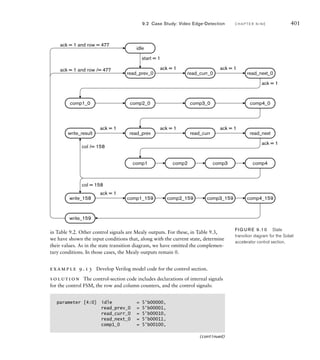 398 C H A P T E R N I N E a c c e l e r a t o rs
when the embedded software writes to the base address registers. Finally,
we need to provide for synchronization with the embedded software
controlling the accelerator. That requires some additional control and sta-
tus registers, as follows:
A control register that, when written to, causes the accelerator to
start processing an image. The value written is ignored.
A control register with an interrupt enable bit in bit 0.
A status register in which bit 0 is the done bit, set to 1 when the pro-
cessor has completed processing an image. Other bits are read as 0.
When the done bit is 1 and the interrupt enable bit is 1, the accelera-
tor requests an interrupt. Reading the done bit has the side effect of
acknowledging the interrupt and clearing the bit.
To keep the bus interface simple, we will map each of these registers at
32-bit aligned addresses. The complete register map is shown in Table 9.1.
r e g i s t e r o f f s e t r e a d / w r i t e
Interrupt control 0 write-only
Start 4 write-only
Original image base address 8 write-only
Derivative image base address 12 write-only
Status 0 read-only
example 9.11 Develop Verilog model code for the accelerator’s bus slave
interface.
solution The timing for the bus slave operations is shown in Figure 9.9.
Both write and read operations are initiated in a cycle where cyc_i and stb_i are 1.
왘
왘
왘
TAB LE 9.1 Register map for
the Sobel accelerator.
clk
cyc_i,
stb_i
we_i
dat_i
ack_o
dat_o
adr_i
slave
write
slave
read
FIG U R E 9.9 Timing for slave
bus write and read operations.
 