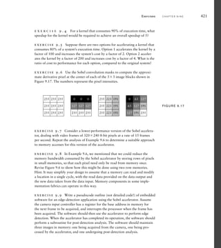 418 C H A P T E R N I N E a c c e l e r a t o rs
1. Is it possible to verify an accelerator design using exhaustive testing?
Why, or why not?
2. What is a bus functional model?
3. Given the arbiter in the testbench for the Sobel accelerator, what
happens if the accelerator and the processor both request use of the
bus in the same clock cycle?
4. What happens if the accelerator requests use of the bus while the
processor is currently granted use?
5. Does the testbench verify correct computation of derivative pixel
values?
K N O W L E D G E
T E S T Q U I Z
K N O W L E D G E
T E S T Q U I Z
 