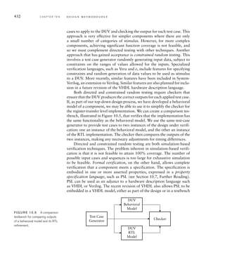 426 C H A P T E R T E N d e s i g n m e t h o d o l o g y
of the processing steps. The components interact with one another to
complete the overall task of the system. When working at the abstract
level of architecture exploration, the components need not be physical
parts of the system. Instead, we can think of logical partitioning, that
is simply identifying parts of the system that will implement the vari-
ous processing steps. This form of partitioning is also called functional
decomposition. We can also think about the kinds of physical components
that we might include in the system and how the logical partitions can
be mapped to the physical partitions. The physical partitions can include
processor cores, accelerators, memories and I/O controllers. Also impor-
tant is hardware/software partitioning. We addressed this as part of our
discussion of accelerator design in Section 9.1. A given logical component
may be mapped to a specialized hardware component whose only task is
to implement that logical component. Another logical component may
be mapped to a software task run on a processor core under control of a
real-time operating system.
As an example of system partitioning, consider a road transport mon-
itoring system that checks whether freight trucks drive from one part of
the country to another in too short an interval. (Such a system is deployed
in the author’s neighborhood in Australia.) Stations on freeways each have
a video camera on a gantry over the road. The video images are analyzed
to identify the license plate of each truck passing underneath, and the
time and license number are logged. The information is transmitted to a
central facility for recording and comparison with information from other
stations. A hypothetical functional decomposition of the monitoring sta-
tion is shown at the top of Figure 10.2. It includes logical components for
input of video from a camera, filtering to remove noise, edge-detection,
Video
Input
Video
Filter
Video
Filter
Edge
Detect
Edge
Detect
Shape
Detect
Shape
Detect
Plate
Detect
Plate
Recog
Log
Network
Interface
Network
Interface
System
Control
Diag/
Maint
Video
Memory
Memory
Processor
Core
Bus
Bridge
Video
Input
Video Bus
Processor Bus
FIG U R E 10.2 Logical
partitioning (top) and physical
partitioning (bottom) of a transport
monitoring system.
 