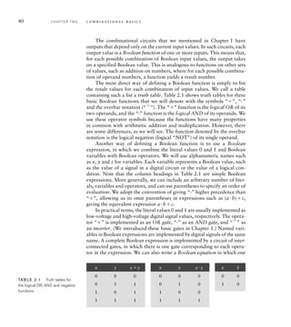 The combinational circuits that we mentioned in Chapter 1 have
outputs that depend only on the current input values. In such circuits, each
output value is a Boolean function of one or more inputs. This means that,
for each possible combination of Boolean input values, the output takes
on a specified Boolean value. This is analogous to functions on other sets
of values, such as addition on numbers, where for each possible combina-
tion of operand numbers, a function yields a result number.
The most direct way of defining a Boolean function is simply to list
the result values for each combination of input values. We call a table
containing such a list a truth table. Table 2.1 shows truth tables for three
basic Boolean functions that we will denote with the symbols “”, “”
and the overbar notation (“”). The “” function is the logical OR of its
two operands, and the “·” function is the logical AND of its operands. We
use these operator symbols because the functions have many properties
in common with arithmetic addition and multiplication. However, there
are some differences, as we will see. The function denoted by the overbar
notation is the logical negation (logical “NOT”) of its single operand.
Another way of defining a Boolean function is to use a Boolean
expression, in which we combine the literal values 0 and 1 and Boolean
variables with Boolean operators. We will use alphanumeric names such
as x, y and z for variables. Each variable represents a Boolean value, such
as the value of a signal in a digital circuit or the value of a logical con-
dition. Note that the column headings in Table 2.1 are simple Boolean
expressions. More generally, we can include an arbitrary number of liter-
als, variables and operators, and can use parentheses to specify an order of
evaluation. We adopt the convention of giving “·” higher precedence than
“”, allowing us to omit parentheses in expressions such as (ab)c,
giving the equivalent expression abc.
In practical terms, the literal values 0 and 1 are usually implemented as
low-voltage and high-voltage digital signal values, respectively. The opera-
tor “” is implemented as an OR gate, “·” as an AND gate, and “” as
an inverter. (We introduced these basic gates in Chapter 1.) Named vari-
ables in Boolean expressions are implemented by digital signals of the same
name. A complete Boolean expression is implemented by a circuit of inter-
connected gates, in which there is one gate corresponding to each opera-
tor in the expression. We can also write a Boolean equation in which one
x y xy
0 0 0
0 1 1
1 0 1
1 1 1
x y xy
0 0 0
0 1 0
1 0 0
1 1 1
x
_
x
0 0
1 0
TAB LE 2.1 Truth tables for
the logical OR, AND and negation
functions.
40 C H A P T E R T W O c o m b i n a t i o n a l b a s i c s
 