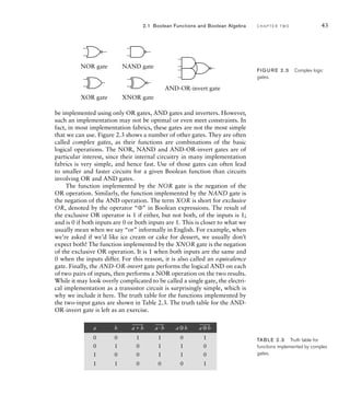 2.1 Boolean Functions and Boolean Algebra C H A P T E R T W O 43
be implemented using only OR gates, AND gates and inverters. However,
such an implementation may not be optimal or even meet constraints. In
fact, in most implementation fabrics, these gates are not the most simple
that we can use. Figure 2.3 shows a number of other gates. They are often
called complex gates, as their functions are combinations of the basic
logical operations. The NOR, NAND and AND-OR-invert gates are of
particular interest, since their internal circuitry in many implementation
fabrics is very simple, and hence fast. Use of those gates can often lead
to smaller and faster circuits for a given Boolean function than circuits
involving OR and AND gates.
The function implemented by the NOR gate is the negation of the
OR operation. Similarly, the function implemented by the NAND gate is
the negation of the AND operation. The term XOR is short for exclusive
OR, denoted by the operator “⊕” in Boolean expressions. The result of
the exclusive OR operator is 1 if either, but not both, of the inputs is 1;
and is 0 if both inputs are 0 or both inputs are 1. This is closer to what we
usually mean when we say “or” informally in English. For example, when
we’re asked if we’d like ice cream or cake for dessert, we usually don’t
expect both! The function implemented by the XNOR gate is the negation
of the exclusive OR operation. It is 1 when both inputs are the same and
0 when the inputs differ. For this reason, it is also called an equivalence
gate. Finally, the AND-OR-invert gate performs the logical AND on each
of two pairs of inputs, then performs a NOR operation on the two results.
While it may look overly complicated to be called a single gate, the electri-
cal implementation as a transistor circuit is surprisingly simple, which is
why we include it here. The truth table for the functions implemented by
the two-input gates are shown in Table 2.3. The truth table for the AND-
OR-invert gate is left as an exercise.
NOR gate
AND-OR-invert gate
NAND gate
XOR gate XNOR gate
FIG U R E 2.3 Complex logic
gates.
a b ab ab a⊕b a⊕b
0 0 1 1 0 1
0 1 0 1 1 0
1 0 0 1 1 0
1 1 0 0 0 1
TAB LE 2.3 Truth table for
functions implemented by complex
gates.
 