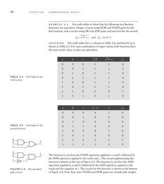 44 C H A P T E R T W O c o m b i n a t i o n a l b a s i c s
example 2.2 Use truth tables to show that the following two Boolean
functions are equivalent. Design a circuit using NOR and NAND gates for the
ﬁrst function, and a circuit using OR and AND gates and inverters for the second.
f1 
___
__
abc and f2 (ab)
_
c
solution The truth table for f1 is shown in Table 2.4, and that for f2 is
shown in Table 2.5. For each combination of input values, both functions have
the same result value, so they are equivalent.
a b c ab abc f1
0 0 0 1 1 0
0 0 1 1 1 0
0 1 0 1 1 0
0 1 1 1 1 0
1 0 0 1 1 0
1 0 1 1 1 0
1 1 0 0 0 1
1 1 1 0 1 0
TAB LE 2.4 Truth table for the
ﬁrst function.
a b c a  b
_
c f 2
0 0 0 0 1 0
0 0 1 0 0 0
0 1 0 0 1 0
0 1 1 0 0 0
1 0 0 0 1 0
1 0 1 0 0 0
1 1 0 1 1 1
1 1 1 1 0 0
TAB LE 2.5 Truth table for the
second function.
The function f1 involves the NAND operation applied to a and b, followed by
the NOR operation applied to the result and c. The circuit implementing this
function is shown at the top of Figure 2.4. The function f2 involves the AND
operation applied to a and b, followed by the AND operation applied to the
result and the negation of c. The circuit for this function is shown at the bottom
of Figure 2.4. Note that, since NAND and NOR gates are considerably simpler
a
b
c
f1
a
b
c
f2
FIG U R E 2.4 Two equivalent
gate circuits.
 