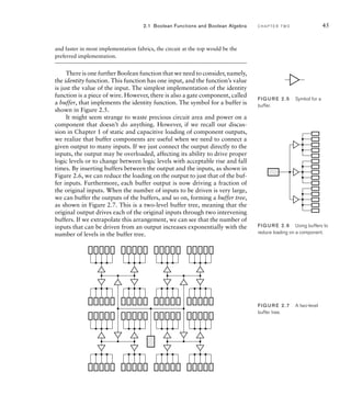 and faster in most implementation fabrics, the circuit at the top would be the
preferred implementation.
There is one further Boolean function that we need to consider, namely,
the identity function. This function has one input, and the function’s value
is just the value of the input. The simplest implementation of the identity
function is a piece of wire. However, there is also a gate component, called
a buffer, that implements the identity function. The symbol for a buffer is
shown in Figure 2.5.
It might seem strange to waste precious circuit area and power on a
component that doesn’t do anything. However, if we recall our discus-
sion in Chapter 1 of static and capacitive loading of component outputs,
we realize that buffer components are useful when we need to connect a
given output to many inputs. If we just connect the output directly to the
inputs, the output may be overloaded, affecting its ability to drive proper
logic levels or to change between logic levels with acceptable rise and fall
times. By inserting buffers between the output and the inputs, as shown in
Figure 2.6, we can reduce the loading on the output to just that of the buf-
fer inputs. Furthermore, each buffer output is now driving a fraction of
the original inputs. When the number of inputs to be driven is very large,
we can buffer the outputs of the buffers, and so on, forming a buffer tree,
as shown in Figure 2.7. This is a two-level buffer tree, meaning that the
original output drives each of the original inputs through two intervening
buffers. If we extrapolate this arrangement, we can see that the number of
inputs that can be driven from an output increases exponentially with the
number of levels in the buffer tree.
2.1 Boolean Functions and Boolean Algebra C H A P T E R T W O 45
FIG U R E 2.5 Symbol for a
buffer.
FIG U R E 2.6 Using buffers to
reduce loading on a component.
FIG U R E 2.7 A two-level
buffer tree.
 
