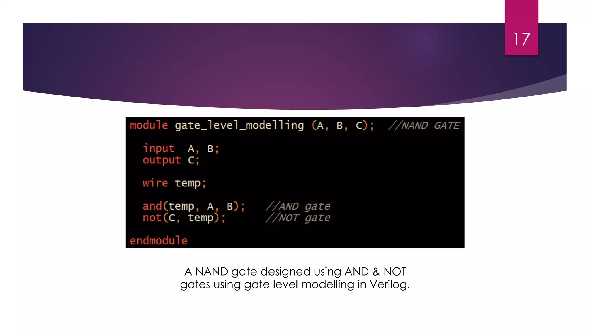 A NAND gate designed using AND & NOT
gates using gate level modelling in Verilog.
17
 