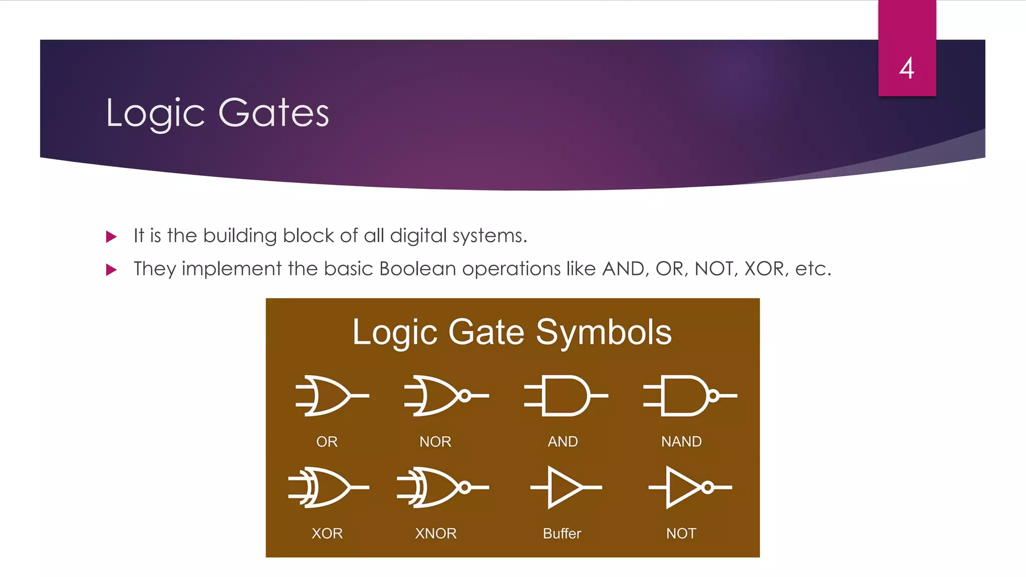 Logic Gates
u It is the building block of all digital systems.
u They implement the basic Boolean operations like AND, OR, NOT, XOR, etc.
4
 