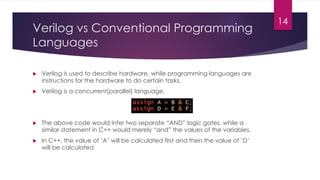 Verilog vs Conventional Programming
Languages
u Verilog is used to describe hardware, while programming languages are
instructions for the hardware to do certain tasks.
u Verilog is a concurrent(parallel) language.
u The above code would infer two separate “AND” logic gates, while a
similar statement in C++ would merely “and” the values of the variables.
u In C++, the value of ‘A’ will be calculated first and then the value of ‘D’
will be calculated
14
 