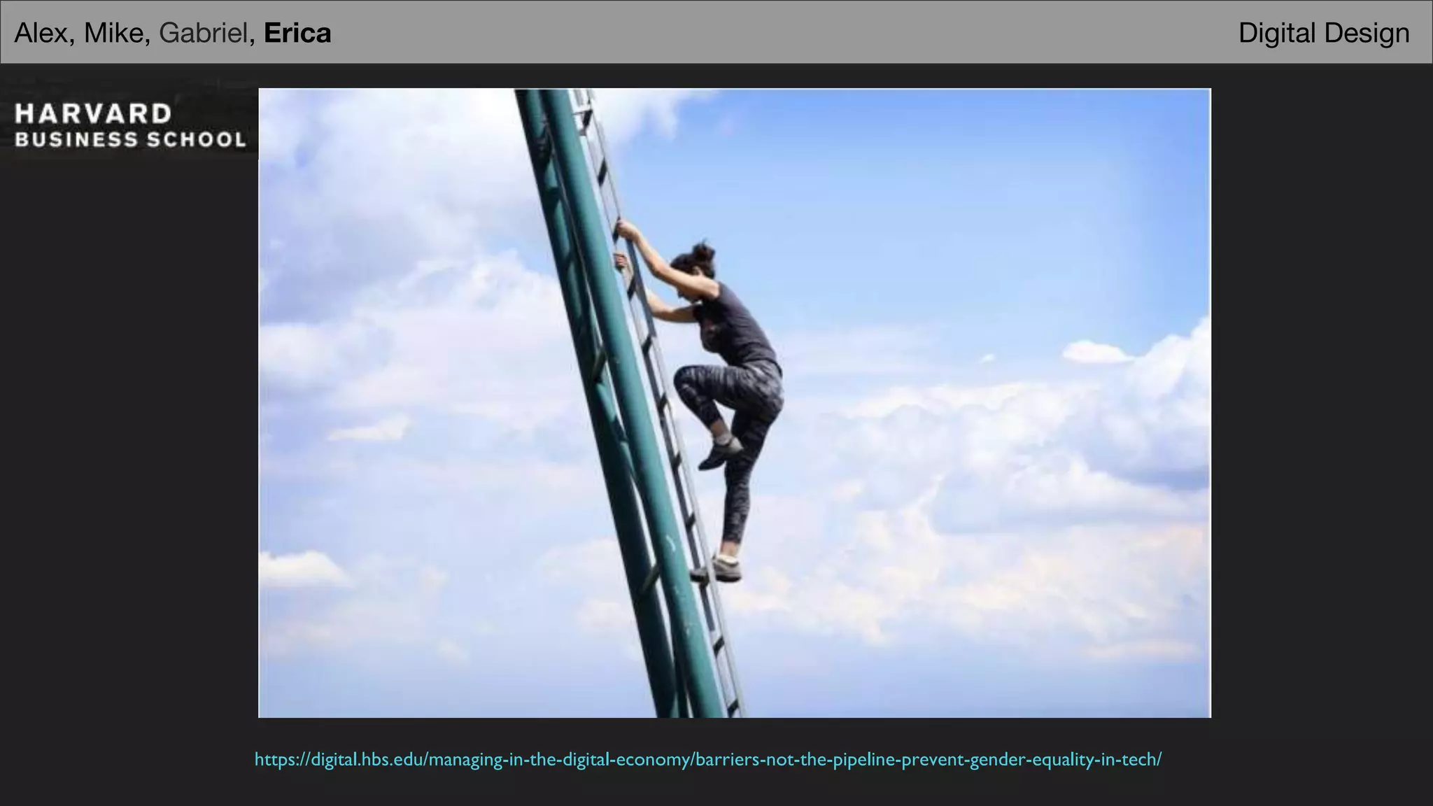 Digital DesignAlex, Mike, Gabriel, Erica
https://digital.hbs.edu/managing-in-the-digital-economy/barriers-not-the-pipeline-prevent-gender-equality-in-tech/
 