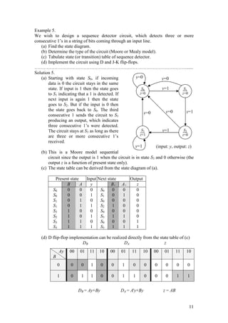 11
S0
z=0
S1
z=0
S3
z=1
S2
z=0
y=1
y=1
y=0
y=0
y=1
y=1
y=0
y=0
(input: y, output: z)
Example 5.
We wish to design a sequence detector circuit, which detects three or more
consecutive 1’s in a string of bits coming through an input line.
(a) Find the state diagram.
(b) Determine the type of the circuit (Moore or Mealy model).
(c) Tabulate state (or transition) table of sequence detector.
(d) Implement the circuit using D and J-K flip-flops.
………………………………………………………………………………………......
Solution 5.
(a) Starting with state S0, if incoming
data is 0 the circuit stays in the same
state. If input is 1 then the state goes
to S1 indicating that a 1 is detected. If
next input is again 1 then the state
goes to S2. But if the input is 0 then
the state goes back to S0. The third
consecutive 1 sends the circuit to S3
producing an output, which indicates
three consecutive 1’s were detected.
The circuit stays at S3 as long as there
are three or more consecutive 1’s
received.
(b) This is a Moore model sequential
circuit since the output is 1 when the circuit is in state S3 and 0 otherwise (the
output z is a function of present state only).
(c) The state table can be derived from the state diagram of (a).
Present state Input Next state Output
B A y B+ A+ z
S0
S0
S1
S1
S2
S2
S3
S3
0
0
0
0
1
1
1
1
0
0
1
1
0
0
1
1
0
1
0
1
0
1
0
1
S0
S1
S0
S2
S0
S3
S0
S3
0
0
0
1
0
1
0
1
0
1
0
0
0
1
0
1
0
0
0
0
0
0
1
1
(d) D flip-flop implementation can be realized directly from the state table of (c)
DB DA z
DB = Ay+By DA = A'y+By z = AB
Ay
B
00 01 11 10 00 01 11 10 00 01 11 10
0 0 0 1 0 0 1 0 0 0 0 0 0
1 0 1 1 0 0 1 1 0 0 0 1 1
 