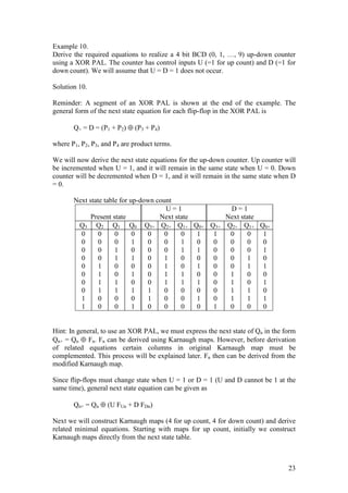 23
Example 10.
Derive the required equations to realize a 4 bit BCD (0, 1, …, 9) up-down counter
using a XOR PAL. The counter has control inputs U (=1 for up count) and D (=1 for
down count). We will assume that U = D = 1 does not occur.
Solution 10.
Reminder: A segment of an XOR PAL is shown at the end of the example. The
general form of the next state equation for each flip-flop in the XOR PAL is
Q+ = D = (P1 + P2) ⊕ (P3 + P4)
where P1, P2, P3, and P4 are product terms.
We will now derive the next state equations for the up-down counter. Up counter will
be incremented when U = 1, and it will remain in the same state when U = 0. Down
counter will be decremented when D = 1, and it will remain in the same state when D
= 0.
Next state table for up-down count
Present state
U = 1
Next state
D = 1
Next state
Q3 Q2 Q1 Q0 Q3+ Q2+ Q1+ Q0+ Q3+ Q2+ Q1+ Q0+
0
0
0
0
0
0
0
0
1
1
0
0
0
0
1
1
1
1
0
0
0
0
1
1
0
0
1
1
0
0
0
1
0
1
0
1
0
1
0
1
0
0
0
0
0
0
0
1
1
0
0
0
0
1
1
1
1
0
0
0
0
1
1
0
0
1
1
0
0
0
1
0
1
0
1
0
1
0
1
0
1
0
0
0
0
0
0
0
0
1
0
0
0
0
0
1
1
1
1
0
0
0
0
1
1
0
0
1
1
0
1
0
1
0
1
0
1
0
1
0
Hint: In general, to use an XOR PAL, we must express the next state of Qn in the form
Qn+ = Qn ⊕ Fn. Fn can be derived using Karnaugh maps. However, before derivation
of related equations certain columns in original Karnaugh map must be
complemented. This process will be explained later. Fn then can be derived from the
modified Karnaugh map.
Since flip-flops must change state when U = 1 or D = 1 (U and D cannot be 1 at the
same time), general next state equation can be given as
Qn+ = Qn ⊕ (U FUn + D FDn)
Next we will construct Karnaugh maps (4 for up count, 4 for down count) and derive
related minimal equations. Starting with maps for up count, initially we construct
Karnaugh maps directly from the next state table.
 