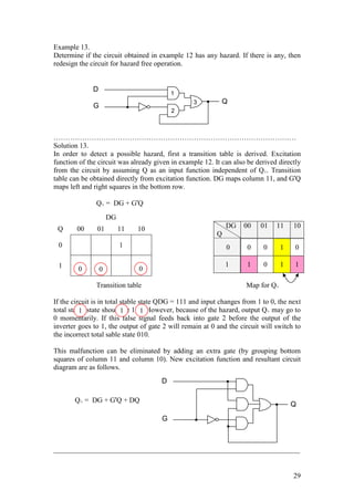 29
Example 13.
Determine if the circuit obtained in example 12 has any hazard. If there is any, then
redesign the circuit for hazard free operation.
…………………………………………………………………………………………
Solution 13.
In order to detect a possible hazard, first a transition table is derived. Excitation
function of the circuit was already given in example 12. It can also be derived directly
from the circuit by assuming Q as an input function independent of Q+. Transition
table can be obtained directly from excitation function. DG maps column 11, and G'Q
maps left and right squares in the bottom row.
Q+ = DG + G'Q
Transition table Map for Q+
If the circuit is in total stable state QDG = 111 and input changes from 1 to 0, the next
total stable state should be 110. However, because of the hazard, output Q+ may go to
0 momentarily. If this false signal feeds back into gate 2 before the output of the
inverter goes to 1, the output of gate 2 will remain at 0 and the circuit will switch to
the incorrect total sable state 010.
This malfunction can be eliminated by adding an extra gate (by grouping bottom
squares of column 11 and column 10). New excitation function and resultant circuit
diagram are as follows.
Q+ = DG + G'Q + DQ
_____________________________________________________________________
DG
Q 00 01 11 10
0 1
1 0
DG
Q
00 01 11 10
0 0 0 1 0
1 1 0 1 1
0
0 0
1 1 1
D
G
Q
1
2
3
D
G
Q
 