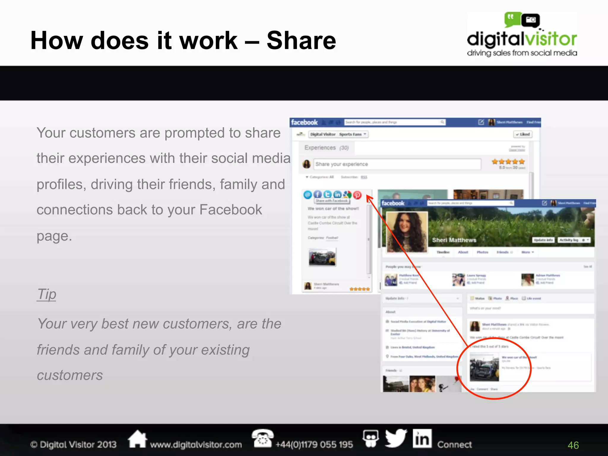How does it work – Share

Your customers are prompted to share
their experiences with their social media
profiles, driving their friends, family and
connections back to your Facebook
page.

Tip
Your very best new customers, are the
friends and family of your existing
customers

46

 