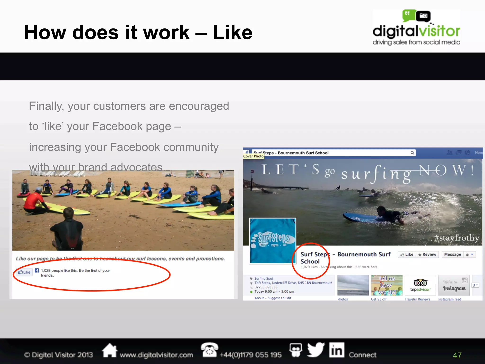 How does it work – Like

Finally, your customers are encouraged
to ‘like’ your Facebook page –
increasing your Facebook community
with your brand advocates.

47

 