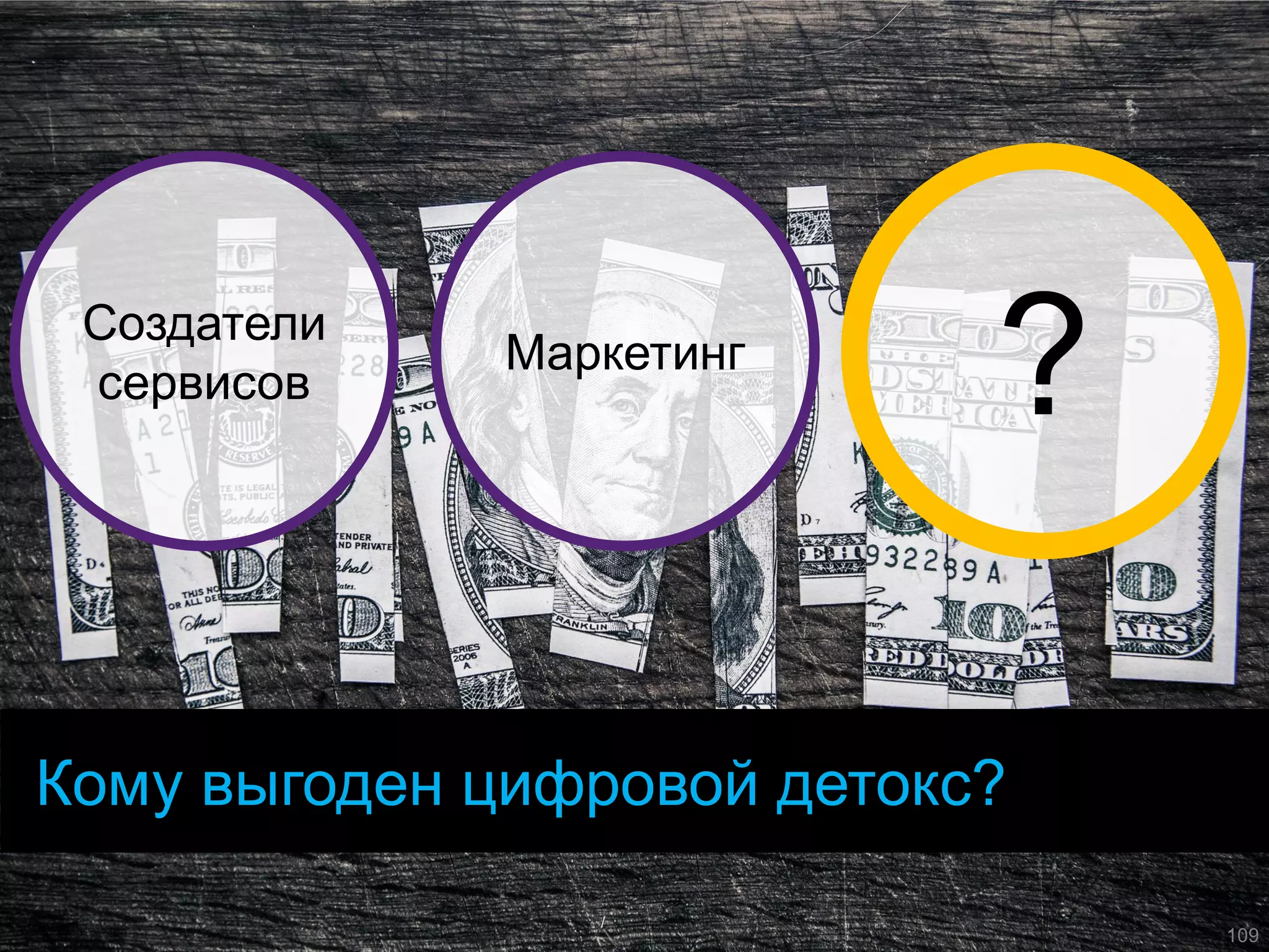 Кому выгоден цифровой детокс? 
Создатели сервисов 
Маркетинг 
? 
109  