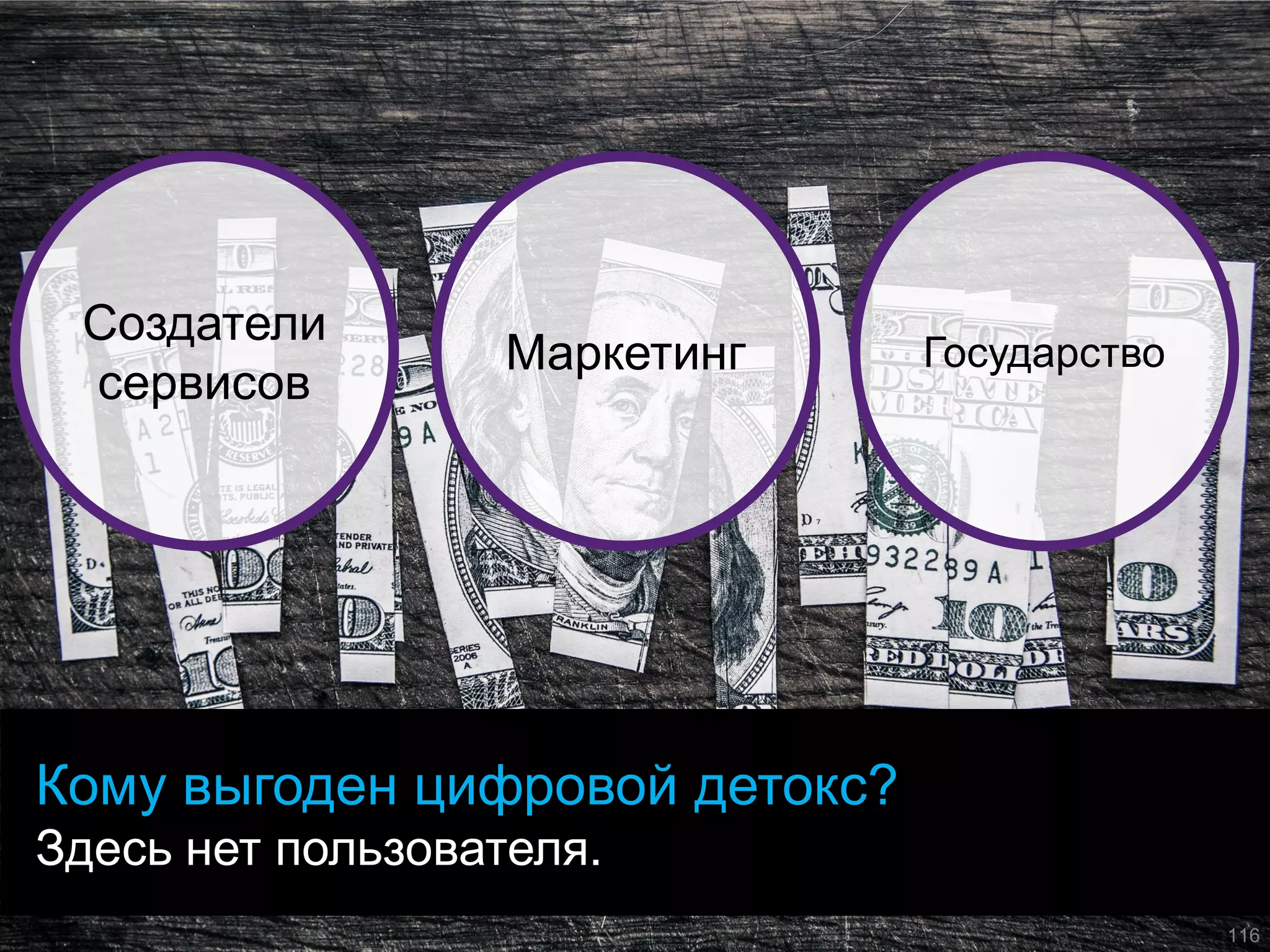 Кому выгоден цифровой детокс? Здесь нет пользователя. 
Создатели сервисов 
Маркетинг 
Государство 
116  