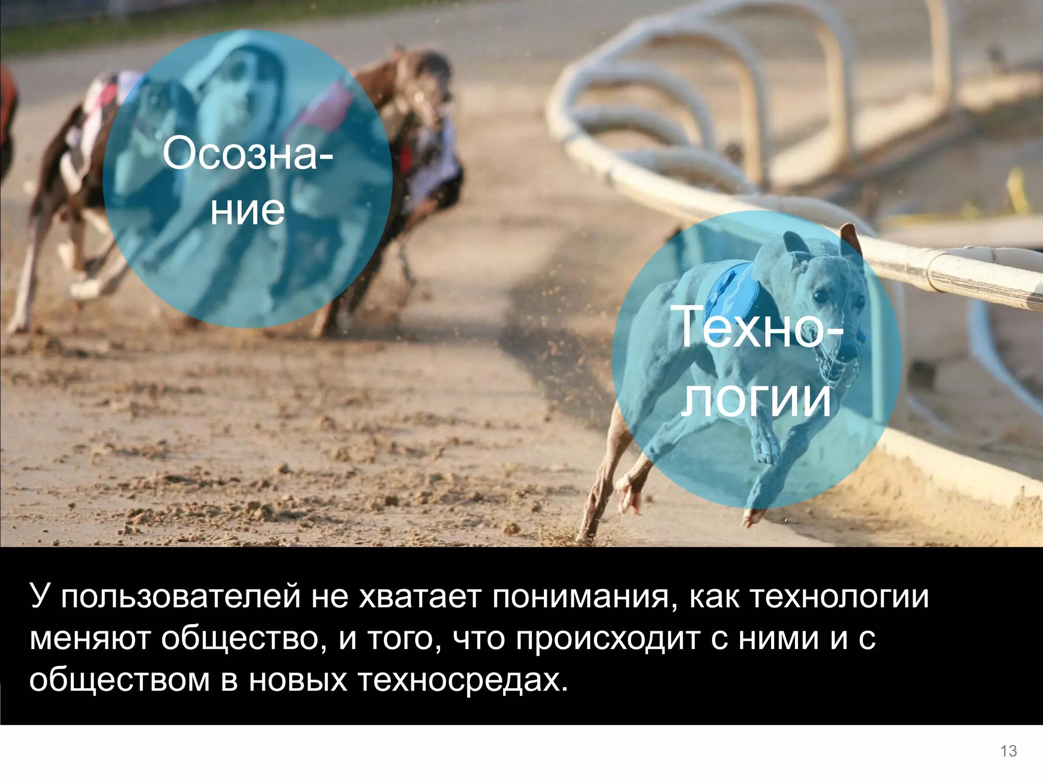 У пользователей не хватает понимания, как технологии меняют общество, и того, что происходит с ними и с обществом в новых техносредах. 
13 
Осозна- ние 
Техно- логии  