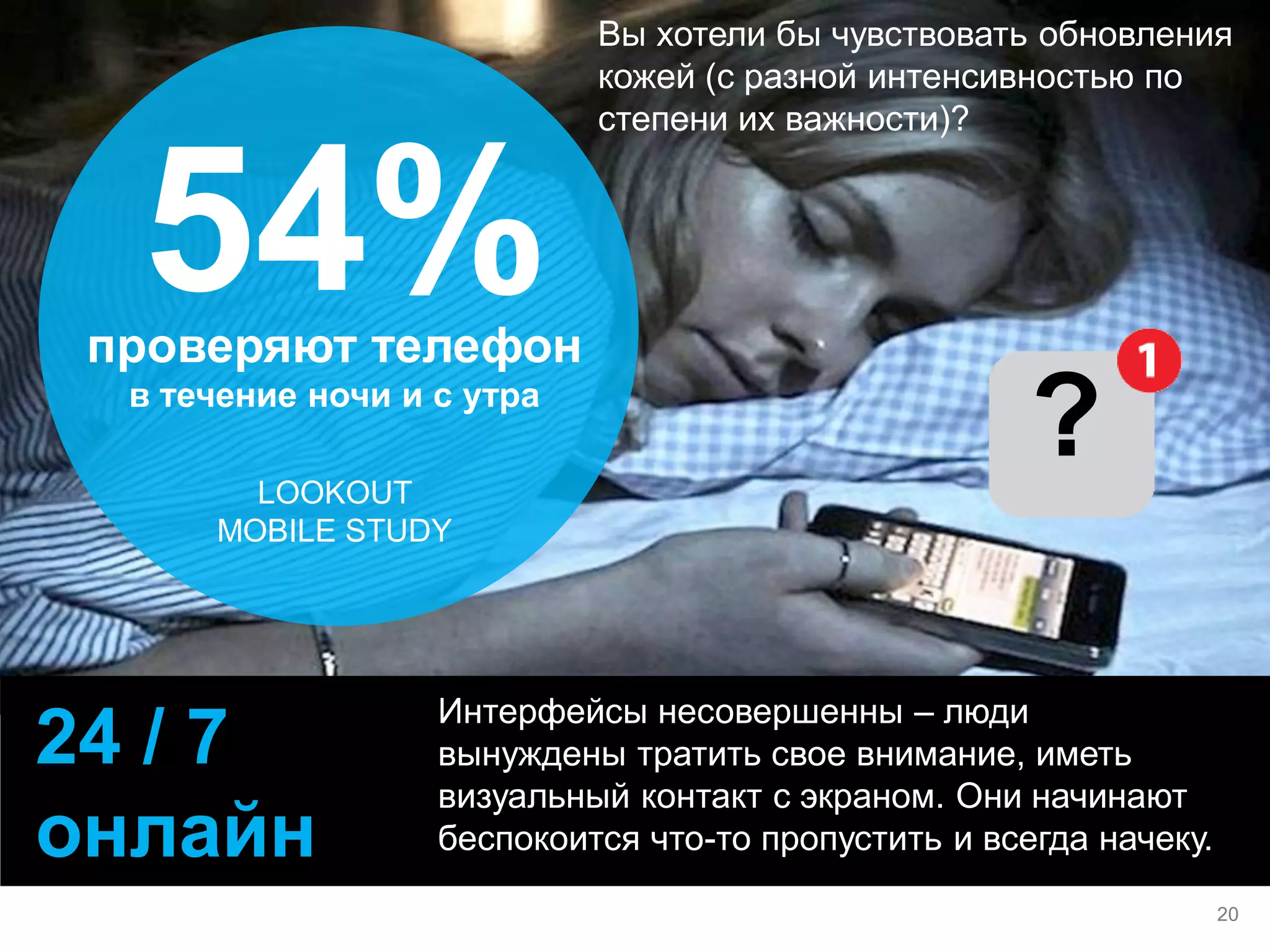 24 / 7 онлайн 
54% 
проверяют телефон 
в течение ночи и с утра 
LOOKOUT MOBILE STUDY 
Интерфейсы несовершенны – люди вынуждены тратить свое внимание, иметь визуальный контакт с экраном. Они начинают беспокоится что-то пропустить и всегда начеку. 
? 
Вы хотели бы чувствовать обновления кожей (с разной интенсивностью по степени их важности)? 
20  