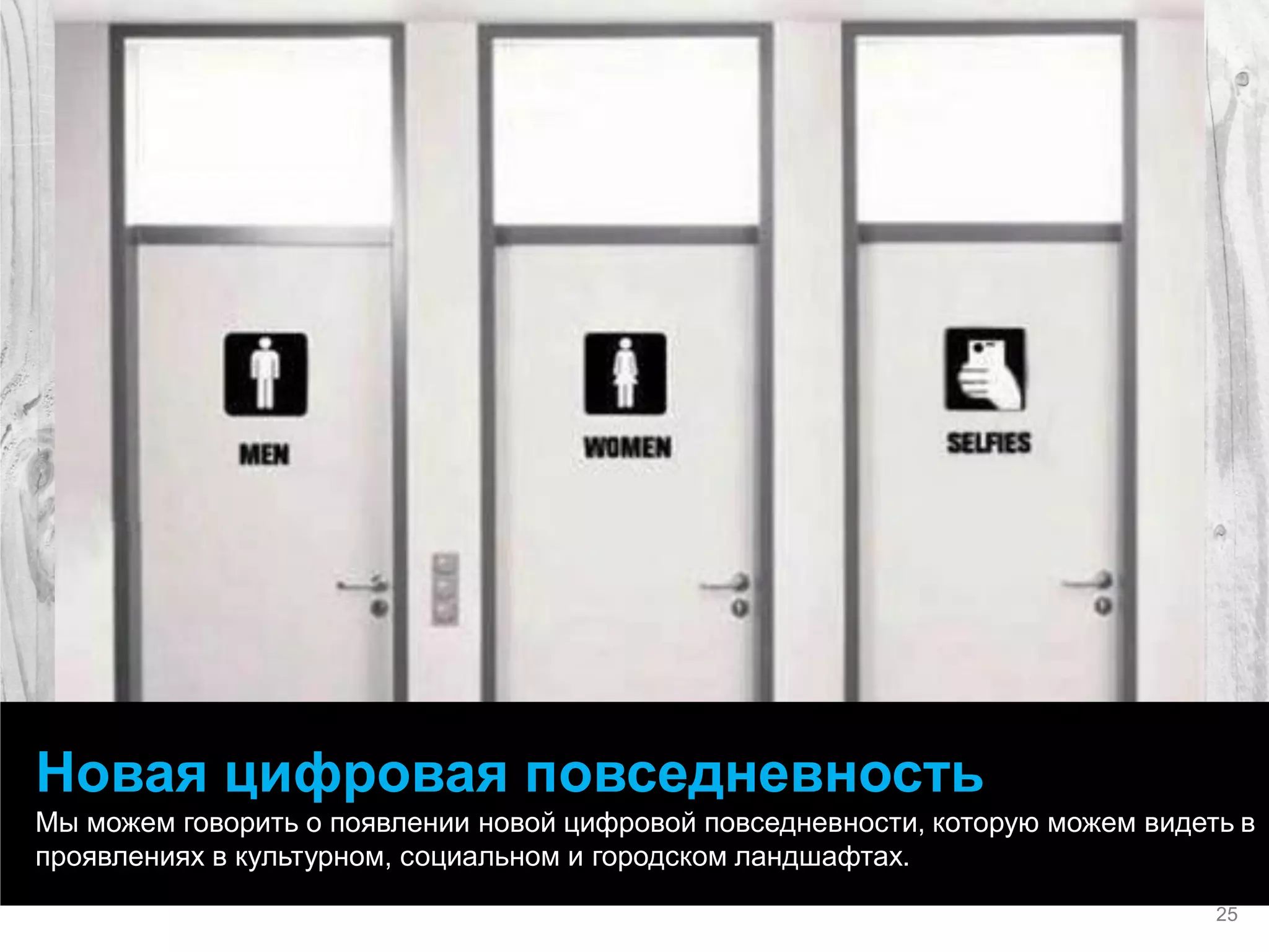 Новая цифровая повседневность Мы можем говорить о появлении новой цифровой повседневности, которую можем видеть в проявлениях в культурном, социальном и городском ландшафтах. 
25  