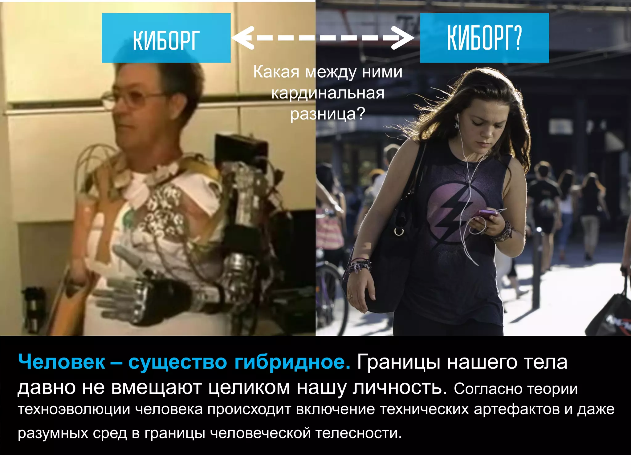 Человек – существо гибридное. Границы нашего тела давно не вмещают целиком нашу личность. Согласно теории техноэволюции человека происходит включение технических артефактов и даже разумных сред в границы человеческой телесности. 
Какая между ними кардинальная разница?  