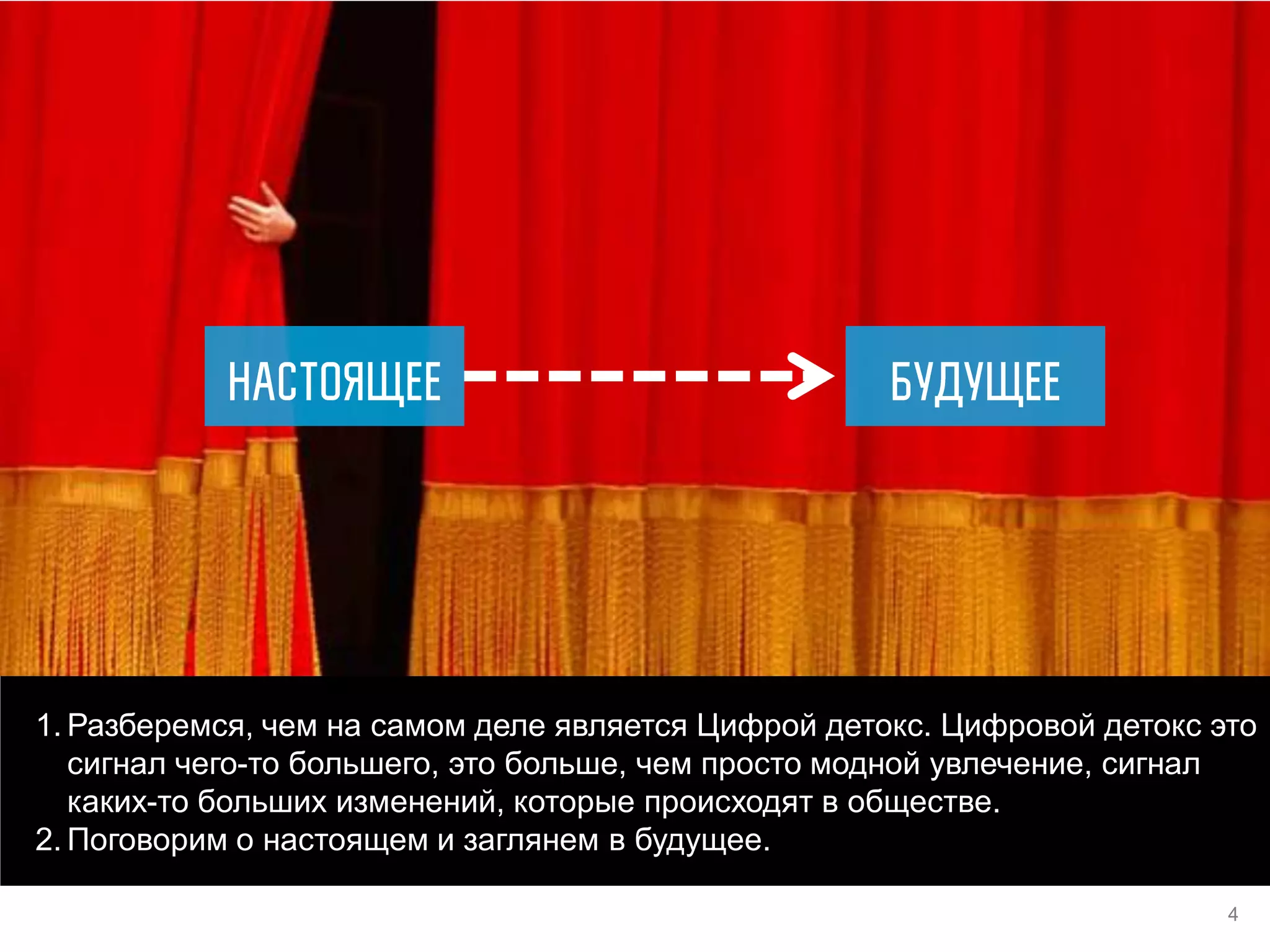 1.Разберемся, чем на самом деле является Цифрой детокс. Цифровой детокс это сигнал чего-то большего, это больше, чем просто модной увлечение, сигнал каких-то больших изменений, которые происходят в обществе. 
2.Поговорим о настоящем и заглянем в будущее. 
4  